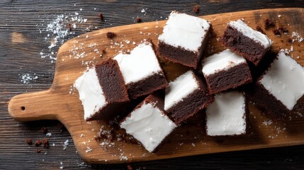 Overhead shot of rich fudgy brownie squares with glossy white icing on rustic wooden board, crumbly texture, cozy warm tones, delicious dessert appeal, copy space on left