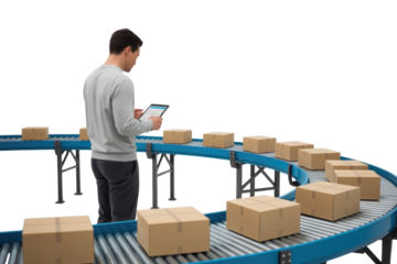 A man monitors cardboard boxes on a conveyor belt using a tablet, depicting modern logistics, inventory management, and automated warehouse operations. background removed