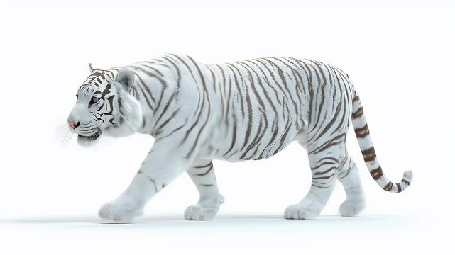 Majestic White Tiger Walking Against White Background.