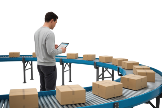 A man monitors cardboard boxes on a conveyor belt using a tablet, depicting modern logistics, inventory management, and automated warehouse operations. background removed - Powered by Adobe