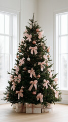 A decorated Christmas tree with pink striped bows and ornaments. The tree is lush and green, set in a bright room with large windows.