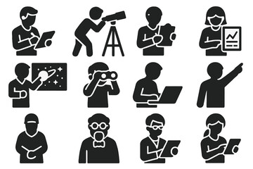 Astronomer Icon Set. Solid style icons of astronomers: scientist with notebook, stargazer with telescope, researcher with