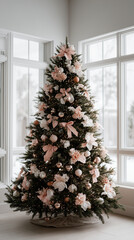A beautifully decorated Christmas tree with pink and white bows, striped ribbons, and colorful ornaments. The setting is bright with large windows and a cozy atmosphere.