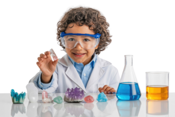 A joyful child in a lab coat and safety goggles explores colorful crystals, lab glassware, and liquids, fostering early scientific discovery with a bright smile. background removed