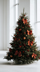 A decorated Christmas tree with orange bows and ornaments. The tree is lush and green, set against a bright, airy room with large windows.
