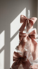 A close-up of a decorative tree adorned with large, soft pink bows. The bows are made of textured fabric, creating a festive and colorful accent. Christmas background.