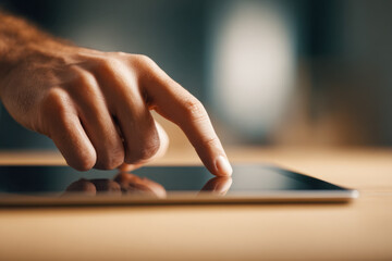 Person using a modern digital tablet with finger tapping on touchscreen in a cozy indoor setting with soft natural lighting and blurred background details