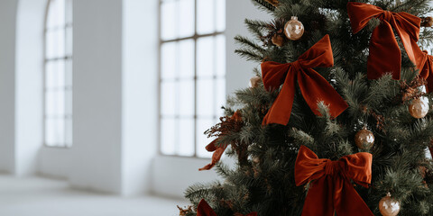 A decorated Christmas tree with red bows and golden ornaments. The setting is bright and minimalistic, emphasizing the festive decor.
