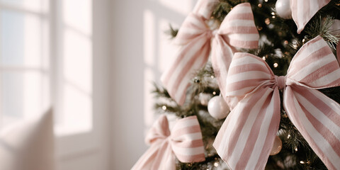 Colorful striped bows adorn a festive Christmas tree. The decor features soft pink and white ribbons, adding a maximalist touch to the holiday atmosphere.