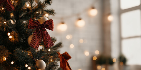 A close-up of a festive Christmas tree adorned with striped red bows and colorful ornaments. Soft lights create a warm atmosphere in a cozy setting.