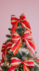 Colorful striped bows adorn a festive Christmas tree. The vibrant ribbons feature red, pink, and gold accents, enhancing the holiday decor with a maximalist touch.