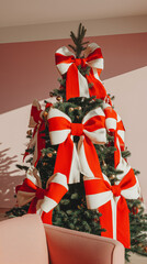A decorated Christmas tree adorned with large red and white striped bows. The festive decor features colorful accents and textured fabric, creating a maximalist look.