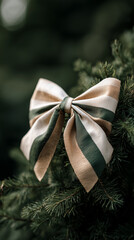 A colorful striped bow made of fabric is tied on a green pine tree branch. The bow features a mix of beige and green stripes, adding a festive touch to the decor. Christmas background.