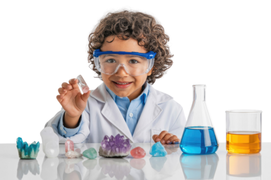 A joyful child in a lab coat and safety goggles explores colorful crystals, lab glassware, and liquids, fostering early scientific discovery with a bright smile. background removed