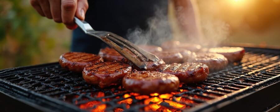 Person cooks meat patties on a hot grill. Smoke rises from chargrilled beef burgers sizzling over glowing embers and flames. Outdoor summer feast.