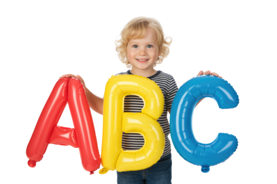 A joyful young child with blonde curly hair smiles while holding colorful letter balloons 'A', 'B', 'C' against a transparent background. background removed - Powered by Adobe