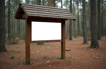 Wooden information stand with blank white board in forest park. Place for text or advertisement. Outdoor wooden signpost on nature path. Information for visitors.