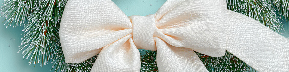 A large, striped bow made of colorful fabric is tied around a festive wreath. The bow features a textured finish, adding a creative accent to the decor. Christmas background.