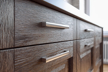 Modern wooden kitchen cabinets with sleek metal handles showcasing textured grain and minimalist design in a bright contemporary home interior setting
