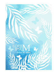 blue watercolor background with palm leaves and butterflies. hand drawn. Not AI, Vector illustration.