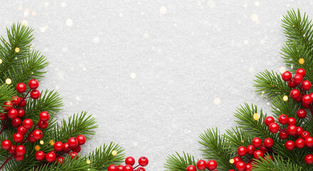 Festive Christmas background with evergreen branches, red berries, and sparkling lights