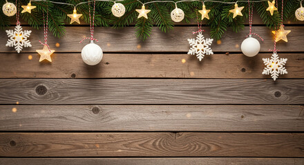 Festive Christmas decorations on a rustic wooden background for the holiday season