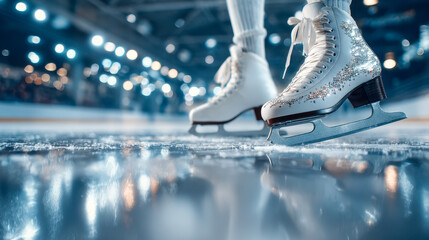 Female figure skater wearing elegant white ice skates with rhinestone details practicing on an indoor ice rink under bright lights and reflections on the ice surface