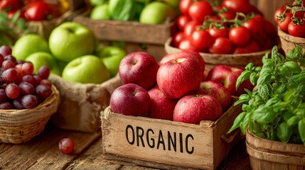 Fresh organic apples in a rustic wooden crate surrounded by vibrant green herbs, red tomatoes, green apples, and purple grapes at a farmer's market display