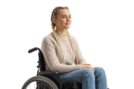 A smiling blonde woman with braids sits comfortably in a wheelchair, looking thoughtfully to the side against a transparent background. background removed