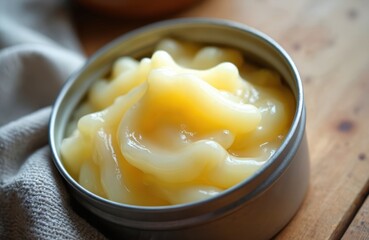 Close up shot of rendered beef fat in metal tin container. Smooth creamy yellow tallow sits on rustic wood table. Organic cooking ingredient ready for use in healthy meals, baking, frying dishes.