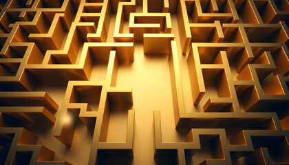 Golden labyrinth maze on black background, a 3D concept illustration for business success strategy and finding the solution path