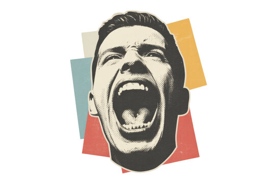 A vintage pop art halftone image of a man screaming intensely, mouth wide open, expressing strong emotion and distress. background removed