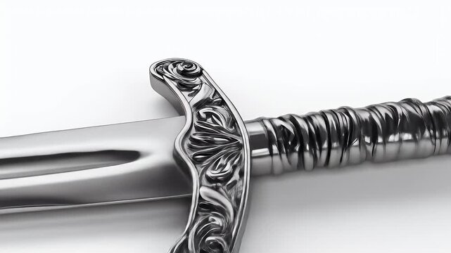 Shiny Medieval Sword on White Background, Close-Up.
