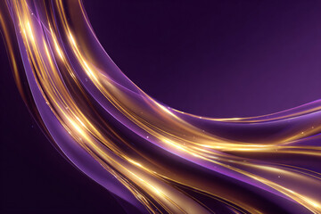 A luxurious abstract background with a violet gradient and golden curved lines and waves. Shiny elements. An elegant festive composition for a New Year's banner. Minimalistic design.