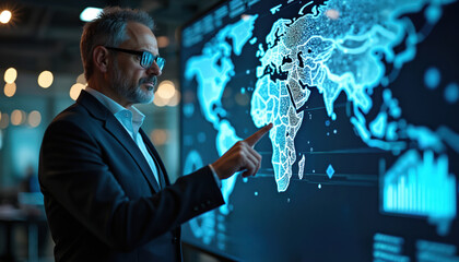 Businessman points to world map on digital screen. Shows global network data analytics and worldwide operations management. Man uses futuristic tech dashboard for strategy.