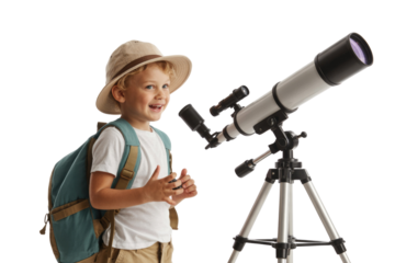 An excited young boy, dressed in an explorer hat and backpack, beams with joy next to a telescope, ready for discovery. background removed