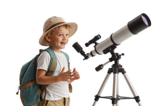 An excited young boy, dressed in an explorer hat and backpack, beams with joy next to a telescope, ready for discovery. background removed - Powered by Adobe