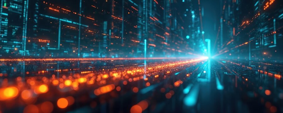 Abstract digital network with glowing data streams and cyber warfare threat. Futuristic information highway with connected tech and anonymous cyber attack risk.