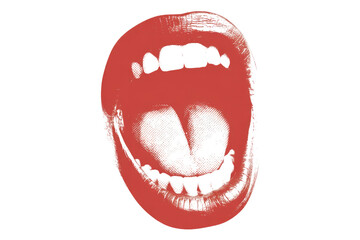 Fototapeta premium Abstract graphic of an open mouth with teeth and tongue, rendered in distressed reddish-pink with halftone texture on a dark transparent background. background removed