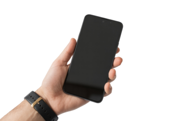 A person's hand holds a modern black smartphone with a dark screen, set against a transparent background, ideal for product mockups. background removed