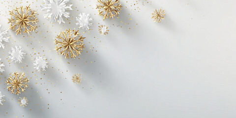 Minimalistic white Christmas background with golden snowflakes and glitter. Soft shadows. Elegant design. Christmas banner.