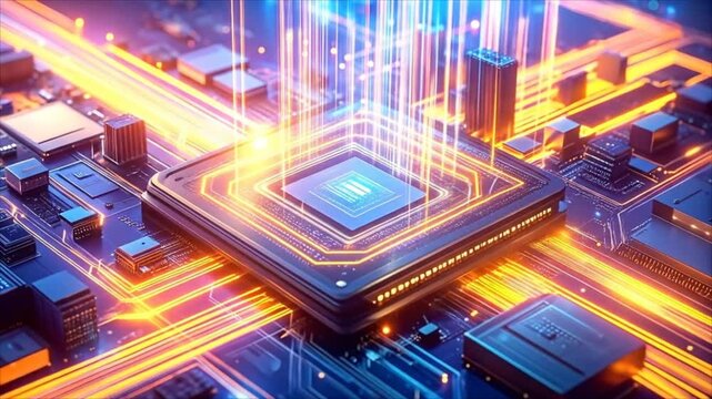 Microchip architecture with glowing lines over circuit board elements, blue and orange