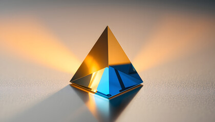 Abstract 3D render of a geometric prism and a glass of water with crystal light against a sunset sea sky background