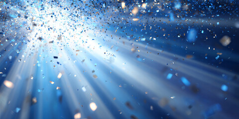 New Year's abstract background with glowing rays and confetti explosion. Blue and white color palette. Dynamic festive mood.