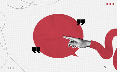 Trendy Halftone Collage Hand showing empty space speech bubble. Social media communication. Red message box. Empty space for quote, plan and idea. Contemporary vector illustration art