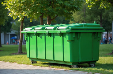 Large green dumpster container on wheels sits on grass near pathway. Trees and blurred people in background. For waste or recycling storage.