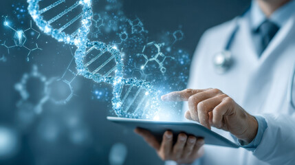 Doctor interacting with futuristic digital dna helix and molecular structures projecting from a tablet in a high-tech medical research environment