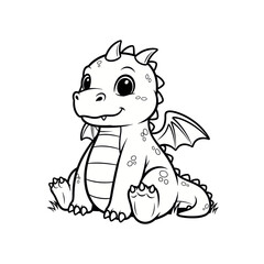 Cute baby dragon cartoon illustration in black and white.
