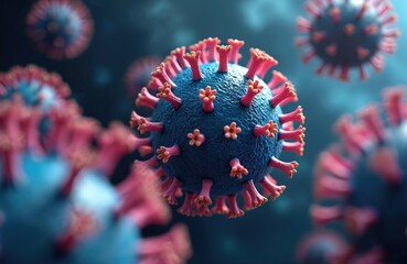 3D rendering of Adeno Associated virus AAV particles. Blue virus cells with red spikes. Microscopic view of viral cells. Virus outbreak and pandemic concept. Medical and health risk illustration.