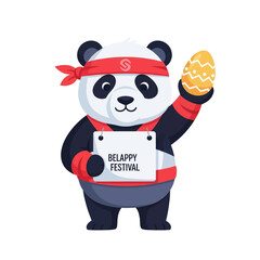 Cute cartoon panda wearing a red headband and belt, holding a yellow patterned egg and a sign for the Belappy Festival. © DediGalihWisnumurti